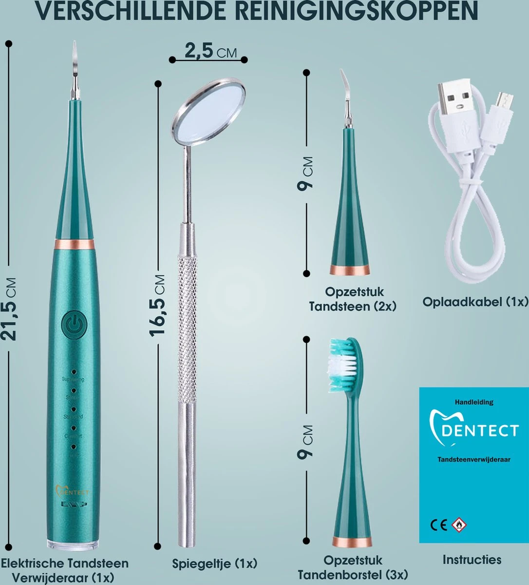 Merkloos Tandsteen Verwijderaar Elektrisch Dentect – Tandenborstel Opzetstukken - Tandarts Spiegel - 5 Standen - Groen 10 Merkloos Tandsteen Verwijderaar Elektrisch Dentect – Tandenborstel Opzetstukken - Tandarts Spiegel - 5 Standen - Groen - Afbeelding 8