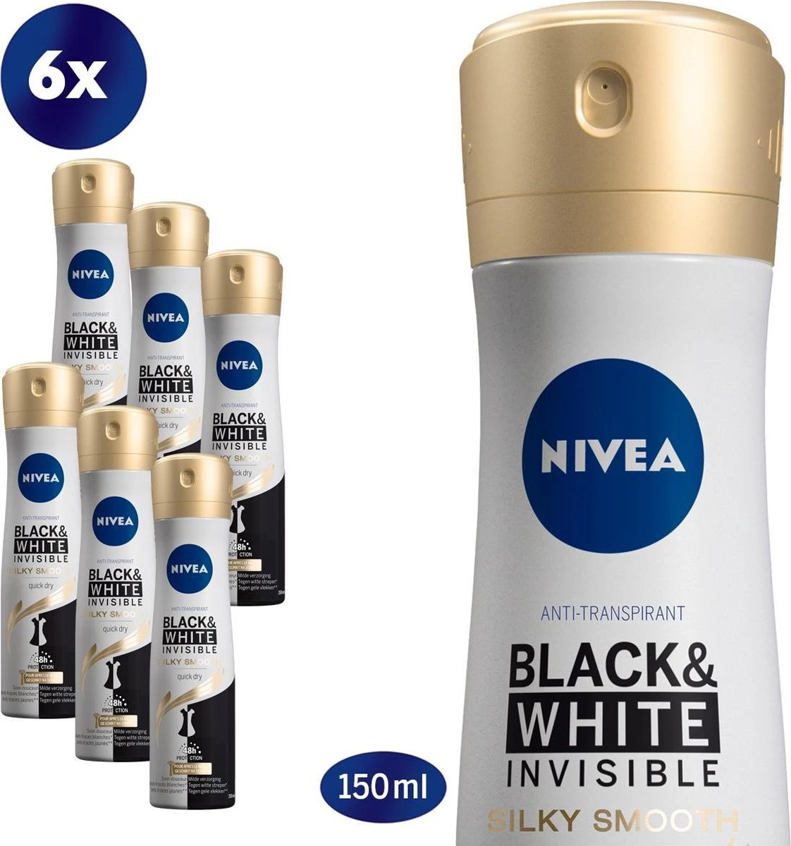 NIVEA Black & White Silky Smooth 6 X 150 Ml - Voordeelverpakking - Deodorant Spray 3 NIVEA Black & White Silky Smooth 6 X 150 Ml - Voordeelverpakking - Deodorant Spray