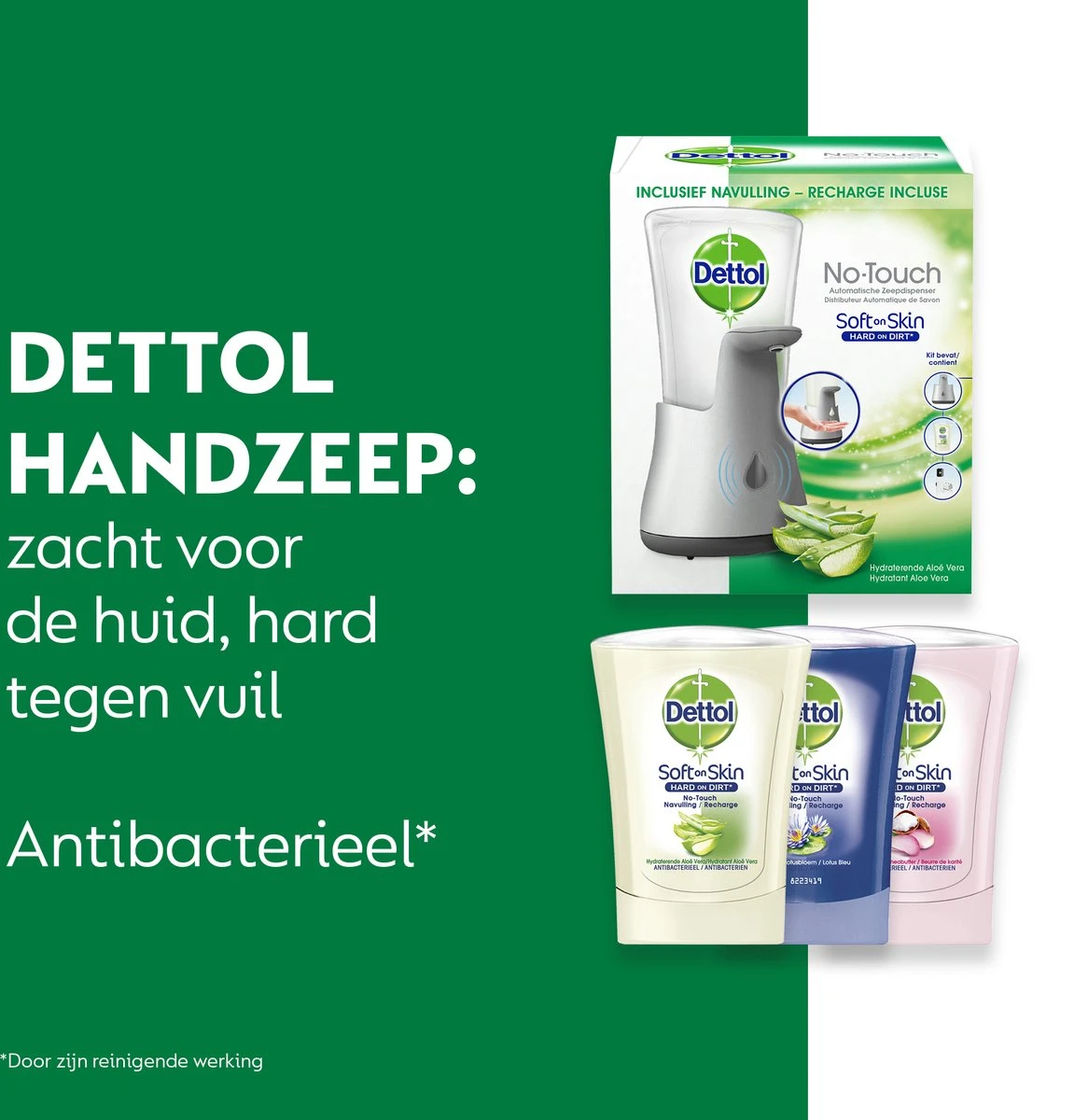 Dettol - Automatische Zeepdispenser No Touch & 3x250ml Handzeep No Touch Navulling - Aloe Vera, Sheabutter En Blue Lotus 6 Dettol - Automatische Zeepdispenser No Touch & 3x250ml Handzeep No Touch Navulling - Aloe Vera, Sheabutter En Blue Lotus - Afbeelding 4
