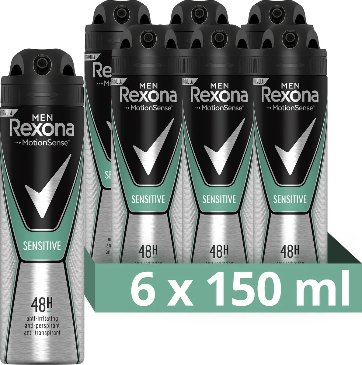 Rexona Men Sensitive Anti-transpirant Spray - 6 X 150 Ml - Voordeelverpakking 3 Rexona Men Sensitive Anti-transpirant Spray - 6 X 150 Ml - Voordeelverpakking