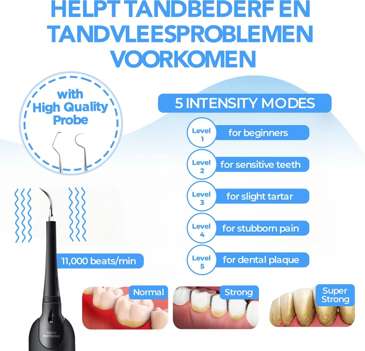 Merkloos Tandsteen Verwijderaar - 5 Standen - Inclusief Tandarts Set - Met 3 Opzetstukken - Elektrisch - Tandplak 8 Merkloos Tandsteen Verwijderaar - 5 Standen - Inclusief Tandarts Set - Met 3 Opzetstukken - Elektrisch - Tandplak - Afbeelding 6