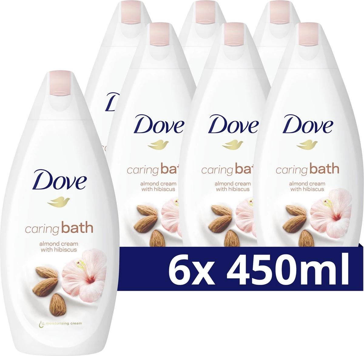 Dove Caring Bath Amandelmelk & Hibiscus Badcrème - 6 X 450 Ml - Voordeelverpakking 3 Dove Caring Bath Amandelmelk & Hibiscus Badcrème - 6 X 450 Ml - Voordeelverpakking