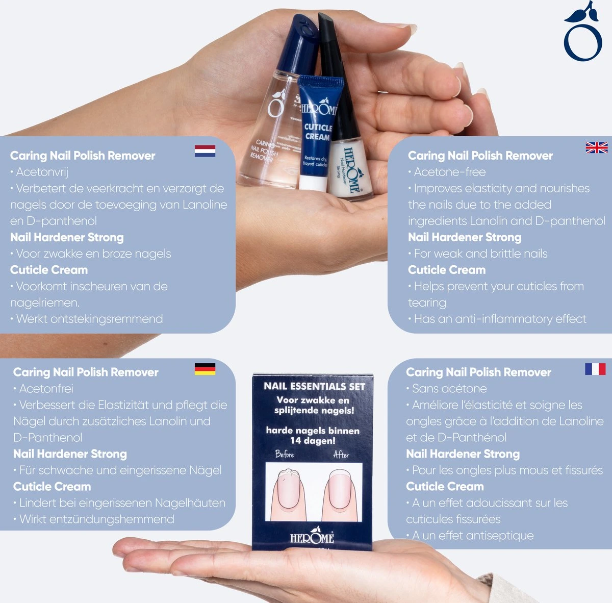 Herome 3 In 1 Manicure Nagelverzorging Set Blauw – Nagelset Voor Beschadigde Nagels - Nagelverharder, Nagellakremover En Nagelriemcreme - Set Van 3 4 Herome 3 In 1 Manicure Nagelverzorging Set Blauw – Nagelset Voor Beschadigde Nagels - Nagelverharder, Nagellakremover En Nagelriemcreme - Set Van 3 - Afbeelding 2