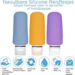 TRVLMORE Silicone Reisflesjes - Navulbaar - Handbagage - 100 ML - 3 Stuks - Oranje/Paars/Blauw -Winkel Voor Persoonlijke Verzorging 1200x1193 3