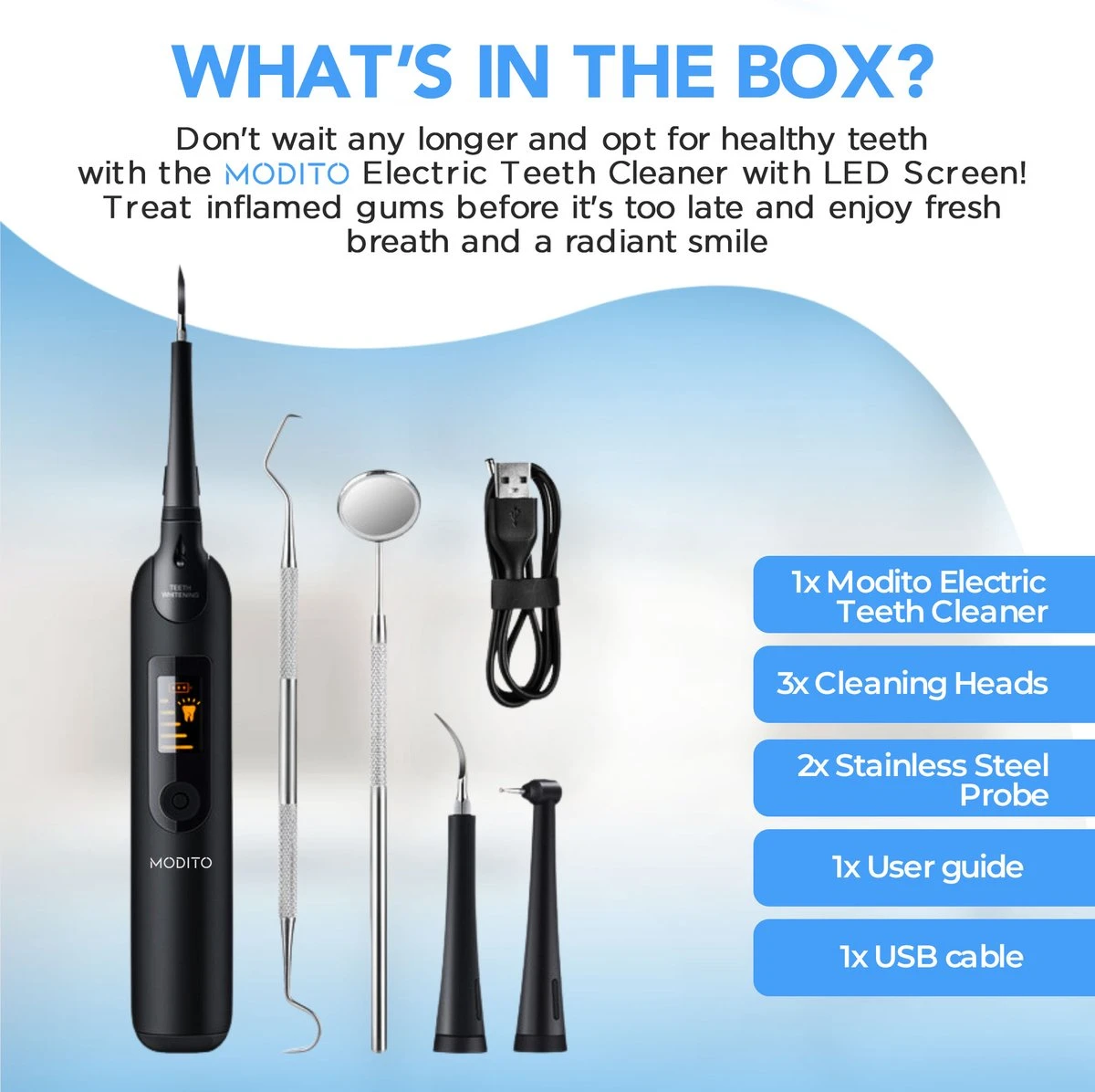 Merkloos Tandsteen Verwijderaar - 5 Standen - Inclusief Tandarts Set - Met 3 Opzetstukken - Elektrisch - Tandplak 7 Merkloos Tandsteen Verwijderaar - 5 Standen - Inclusief Tandarts Set - Met 3 Opzetstukken - Elektrisch - Tandplak - Afbeelding 5