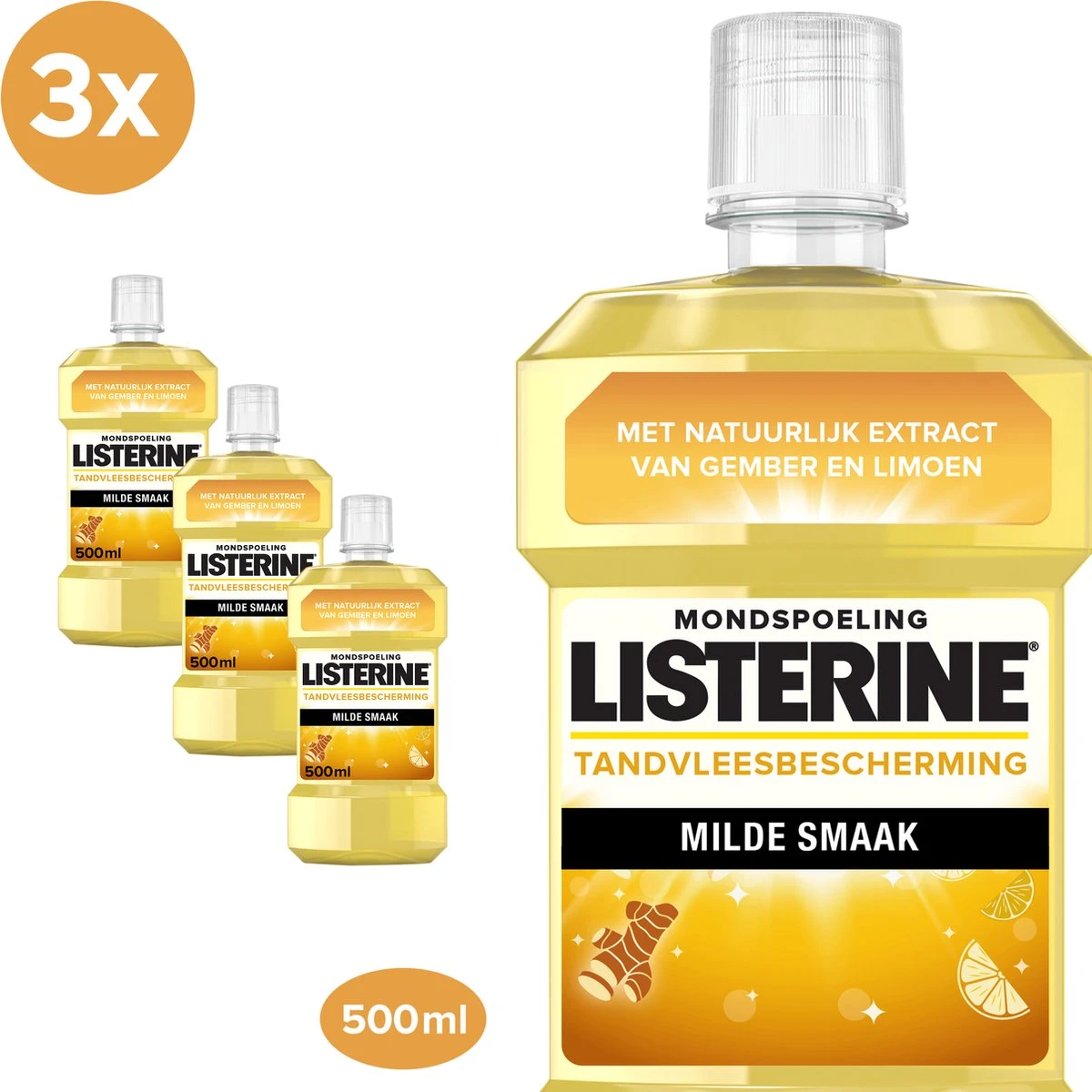 LISTERINE Fresh Ginger & Lime Mondwater, Met Gember- En Limoenextract, Mondspoeling Zonder Alcohol, Voor Een Frisse Adem, 3 X 500 Ml 3 LISTERINE Fresh Ginger & Lime Mondwater, Met Gember- En Limoenextract, Mondspoeling Zonder Alcohol, Voor Een Frisse Adem, 3 X 500 Ml