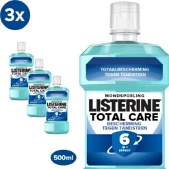 LISTERINE Total Care Bescherming Tegen Tandsteen: Mondspoeling Voor Complete Bescherming Tegen De Opbouw Van Tandsteen Met 6-in-1 Effect - Met Essentiële Oliën, Fluoride En Zinkformule, 3 X 500 Ml