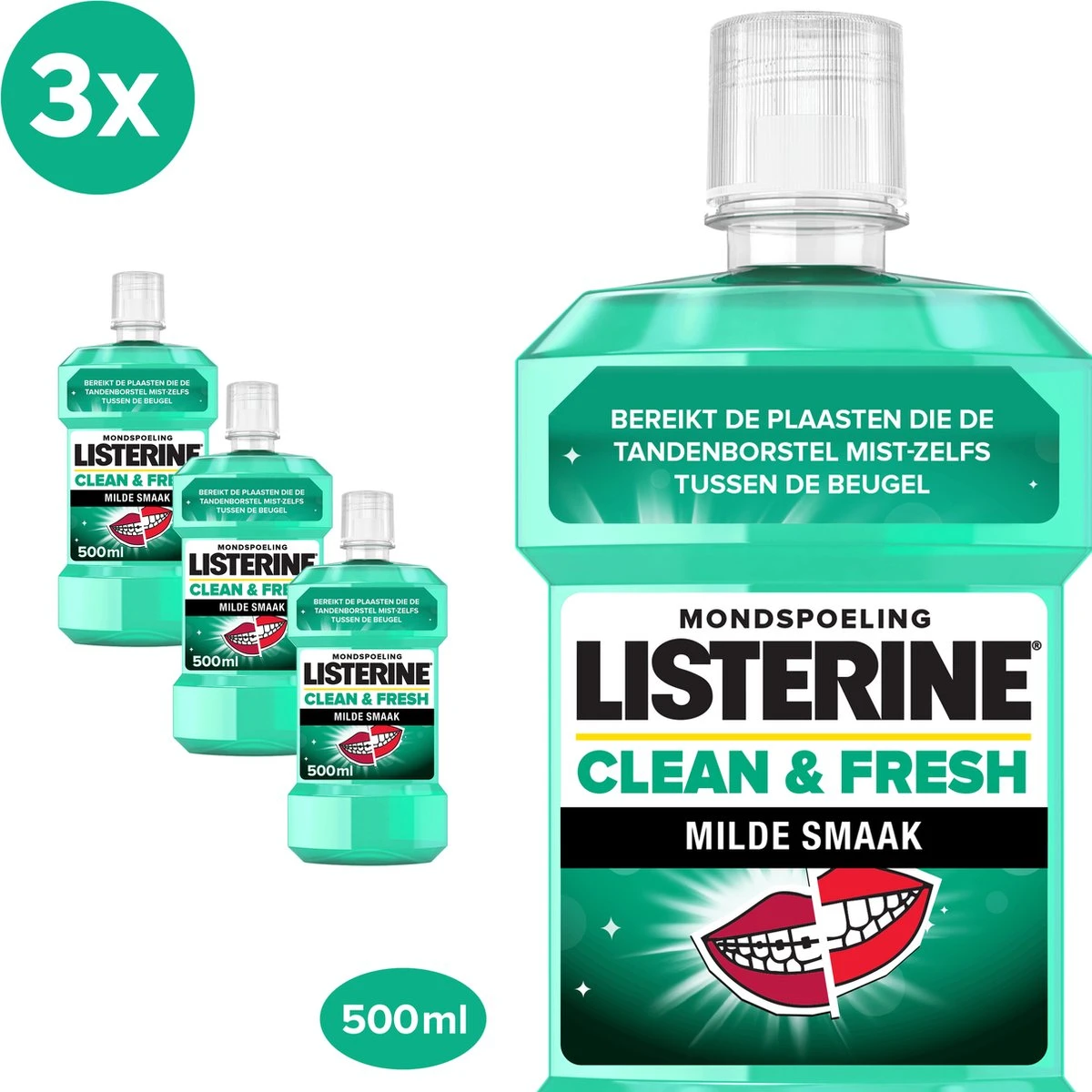 LISTERINE Clean & Fresh, Mondwater Met Essentiële Oliën En Fluoride, Zonder Alcohol, Bereikt De Plaatsen Die De Tandenborstel Mist – Zelfs Tussen De Beugel, 3 X 500 Ml 3 LISTERINE Clean & Fresh, Mondwater Met Essentiële Oliën En Fluoride, Zonder Alcohol, Bereikt De Plaatsen Die De Tandenborstel Mist – Zelfs Tussen De Beugel, 3 X 500 Ml