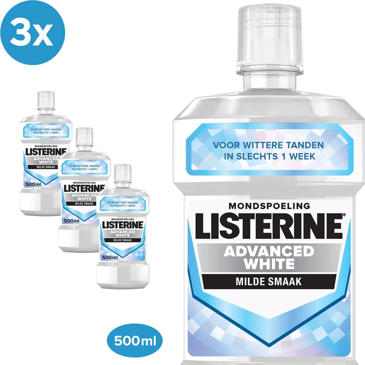 LISTERINE Advanced White Milde Smaak, Mondspoeling, Verwijdert Sterke Verkleuring Voor Wittere Tanden In Slechts 1 Week, 3x 500 Ml 3 LISTERINE Advanced White Milde Smaak, Mondspoeling, Verwijdert Sterke Verkleuring Voor Wittere Tanden In Slechts 1 Week, 3x 500 Ml