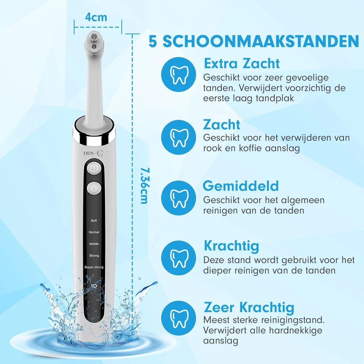 DEN-T® PRO P350 Elektrische Tandenpolijster - Wit - 5 Standen - 5 Opzetstukken - Polijstmachine - Polijstset - Tanden Polijsten - 4 DEN-T® PRO P350 Elektrische Tandenpolijster - Wit - 5 Standen - 5 Opzetstukken - Polijstmachine - Polijstset - Tanden Polijsten - - Afbeelding 2