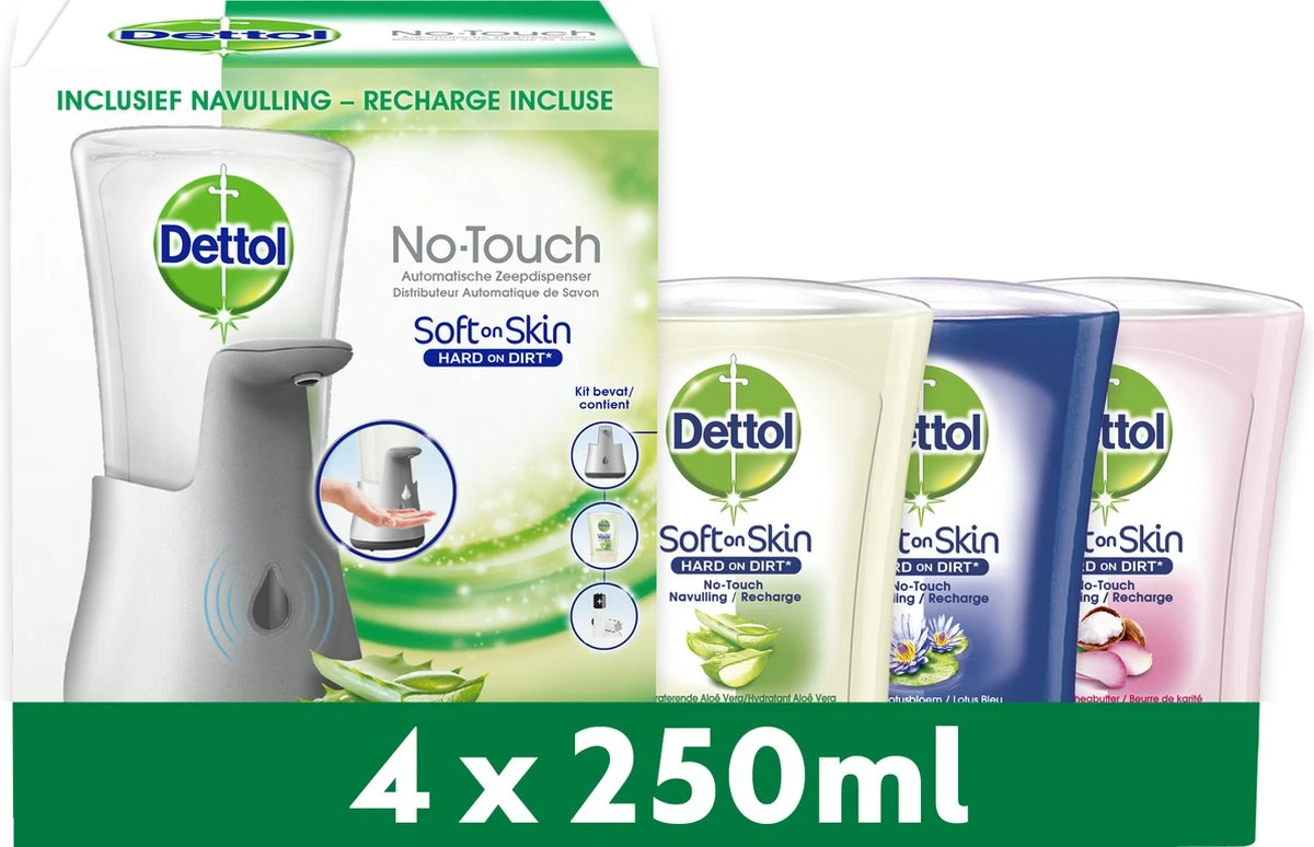 Dettol - Automatische Zeepdispenser No Touch & 3x250ml Handzeep No Touch Navulling - Aloe Vera, Sheabutter En Blue Lotus 3 Dettol - Automatische Zeepdispenser No Touch & 3x250ml Handzeep No Touch Navulling - Aloe Vera, Sheabutter En Blue Lotus