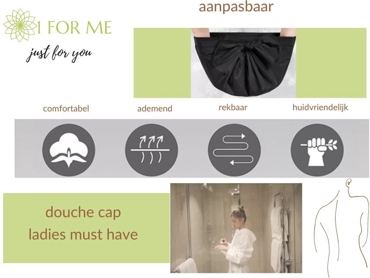 1FORME Douchemuts Dames Zero Waste – Droog Haar Thuis / Vakantie – Douchekap Satijn / PE Zwart 5 1FORME Douchemuts Dames Zero Waste – Droog Haar Thuis / Vakantie – Douchekap Satijn / PE Zwart - Afbeelding 3