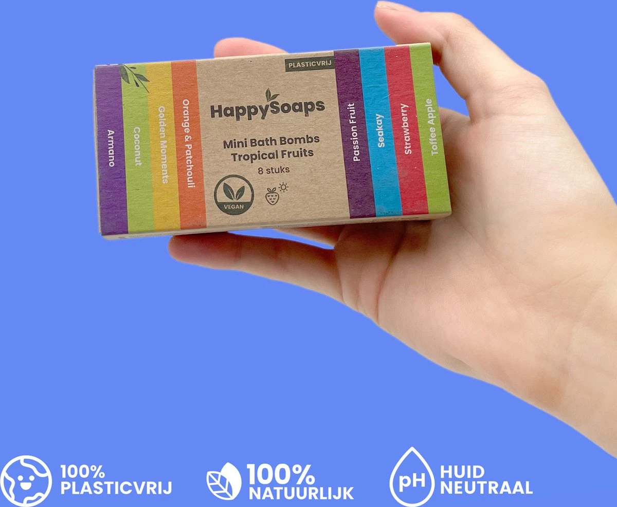 HappySoaps Mini Bath Bombs - Tropical Fruits - 8 Bruisballen In Verschillende Tropische Geuren - 100% Plasticvrij, Vegan & Natuurlijk 4 HappySoaps Mini Bath Bombs - Tropical Fruits - 8 Bruisballen In Verschillende Tropische Geuren - 100% Plasticvrij, Vegan & Natuurlijk - Afbeelding 2