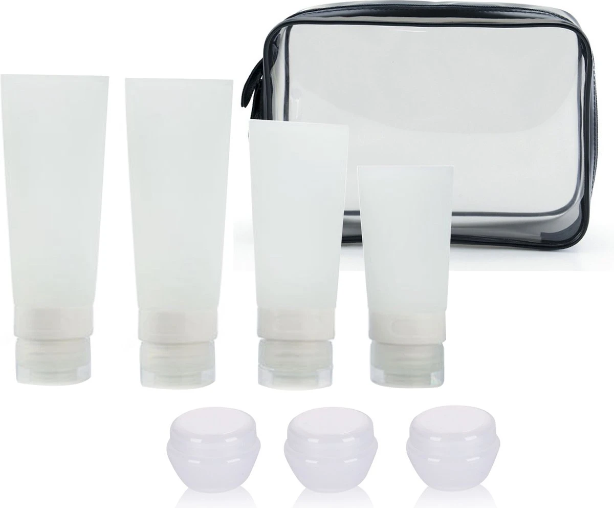 Somstyle 8-Delig Reisflesjes Set Transparant - Vliegtuig Handbagage - Toilettas Inclusief Potjes & Navulbare Flacons - Reisaccessoires - Wit 3 Somstyle 8-Delig Reisflesjes Set Transparant - Vliegtuig Handbagage - Toilettas Inclusief Potjes & Navulbare Flacons - Reisaccessoires - Wit