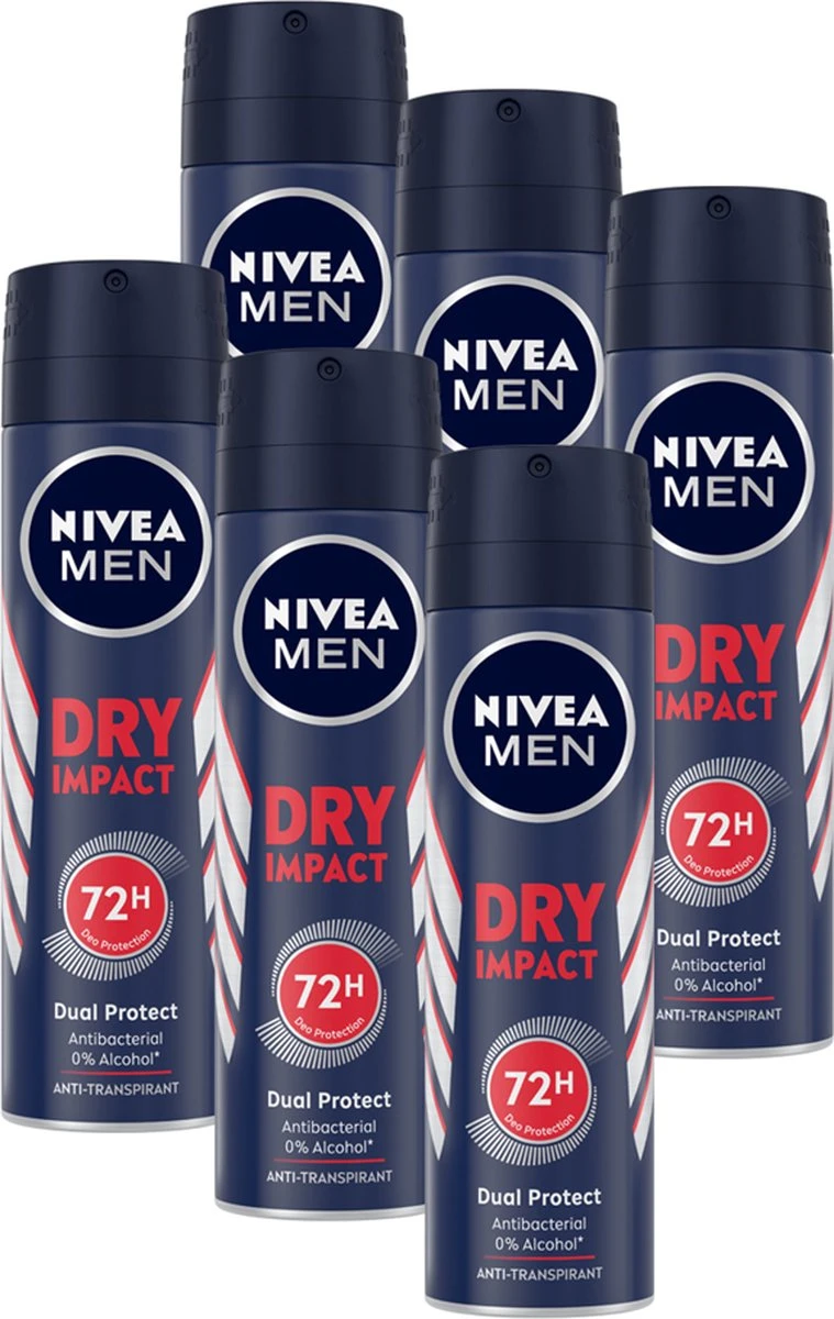 NIVEA MEN Dry Impact Deodorant Spray - 6 X 150 Ml - Voordeelverpakking 3 NIVEA MEN Dry Impact Deodorant Spray - 6 X 150 Ml - Voordeelverpakking